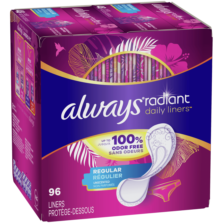 Always Radiant Daily Liners Regular Absorbency Unscented, 96 Count